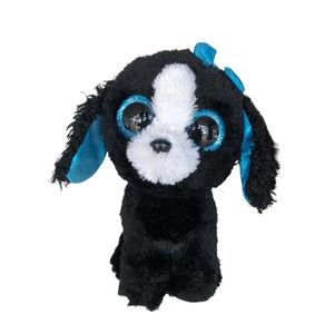 TY TySilk Beanie Boos Tracey Puppy Dog Plush Blue Glitter Eyes Black White Bow